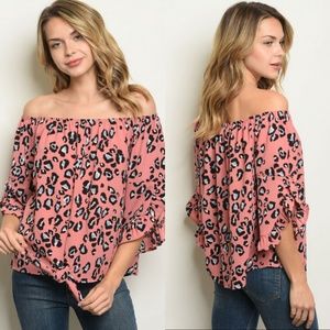 Leopard ruffle sleeve off shoulder top